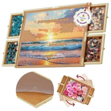 Elegant 30" x 24" Puzzle Table with 4 Drawers & Protective Cover for Families