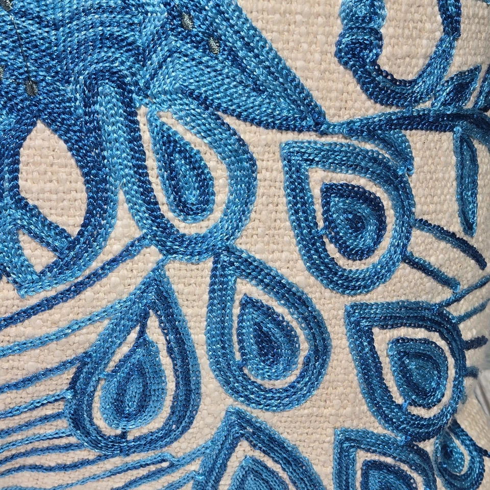 Pavone Velvet Luxe Decorative Pillow Peacock Blue European Embroidered 14x20 NEW - Image 4 of 4