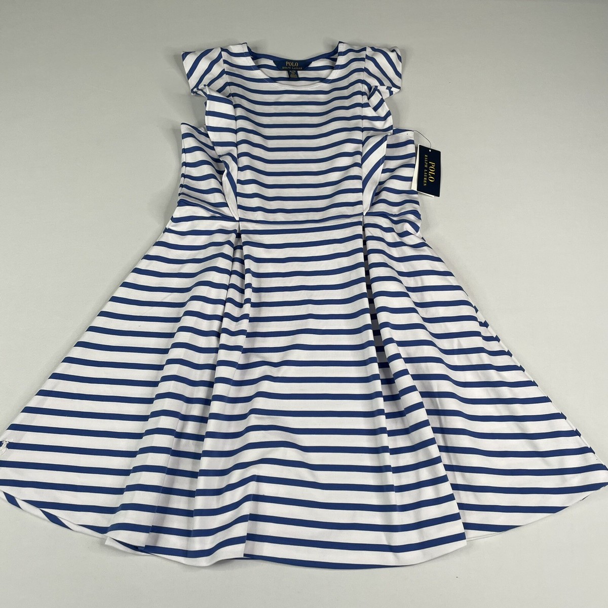 Ralph Lauren Girl's Striped Ruffled Ponte Dress - Size XL in Liberty Blue/White Ralph Lauren Girl's Striped Ruffled Ponte Dress - Size XL in Liberty Blue/White