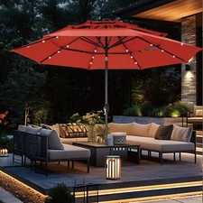 10FT 3 Tier Patio Umbrella LED Lights Solar Market Umbrella w/Tilt Crank Outdoor