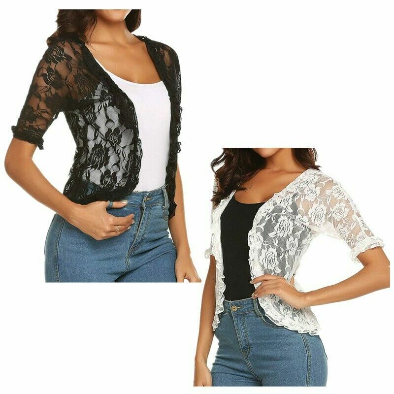 Women Half Sleeve Floral Lace Shrug Open Front Bolero Ruffle Cardigan Top Jacket
