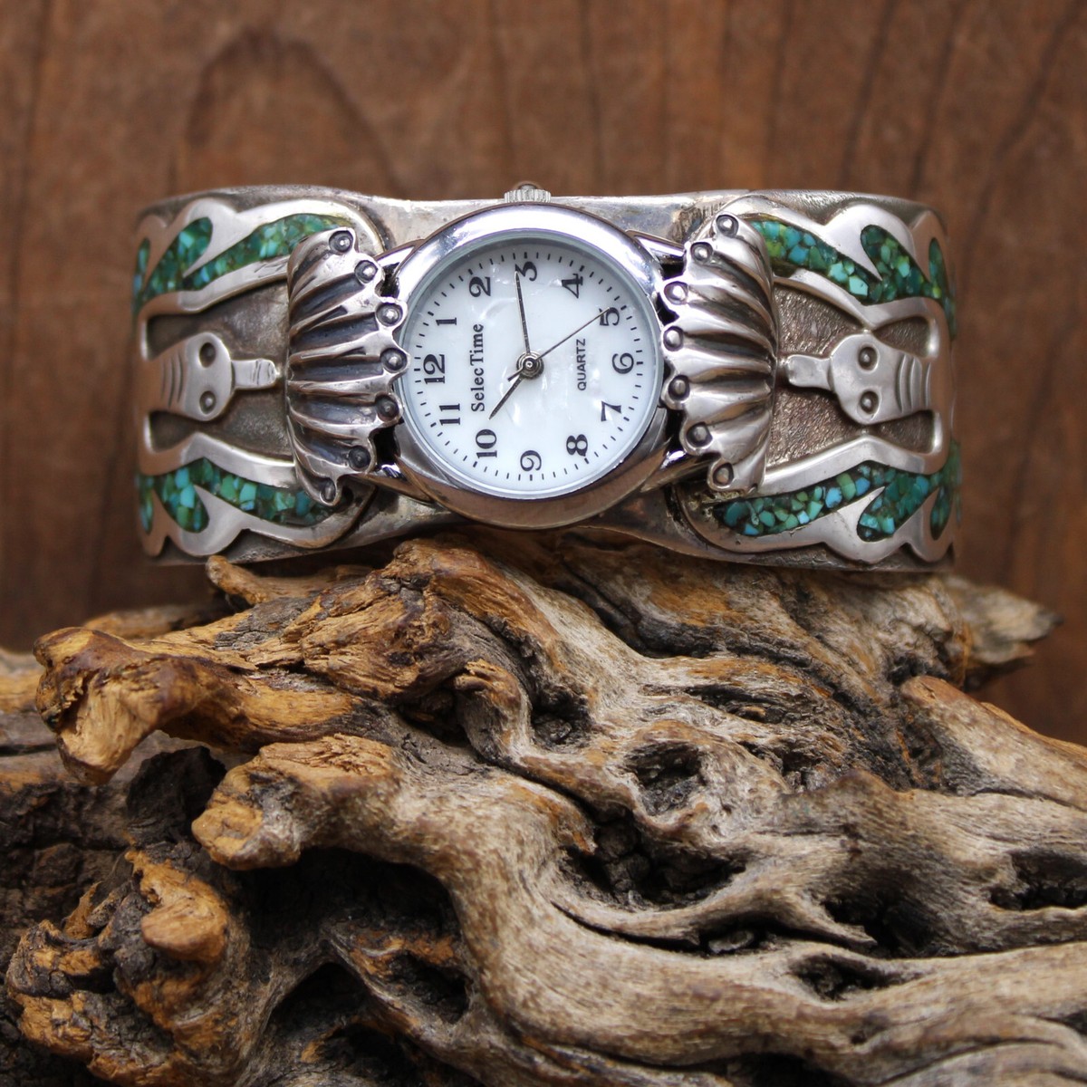 Peyote Bird Silver Watch with Turquoise Face Vintage Peyote Bird Chip Inlay Watch Cuff — Sapphires  main image 3