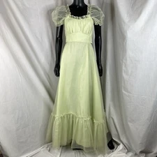 60s Lorrie Deb pastel lime green chiffon maxi dress gown prairie romantic *flaws