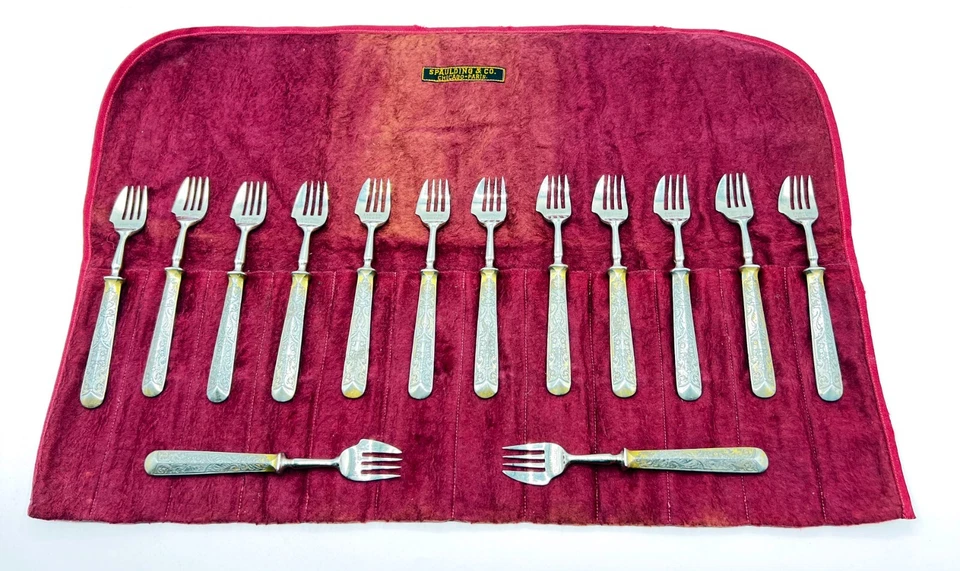 Juego de tenedores para pasteles Fabrica de Toledo Damasceno español 14 piezas 6" siglo XIX Foto 2 de 4