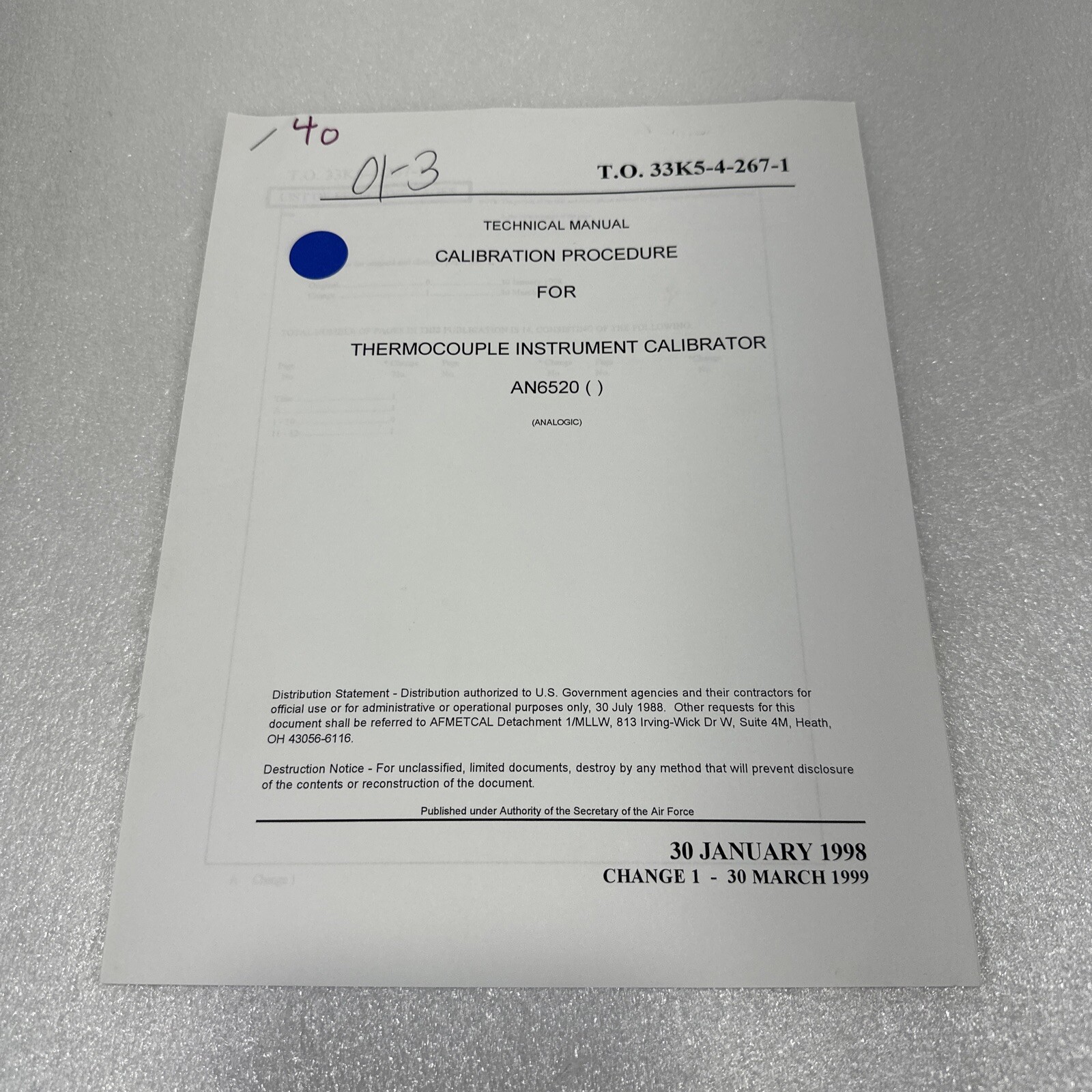 Analogic AN650 Thermocouple Instrument Calibrator Procedure Technical Manual