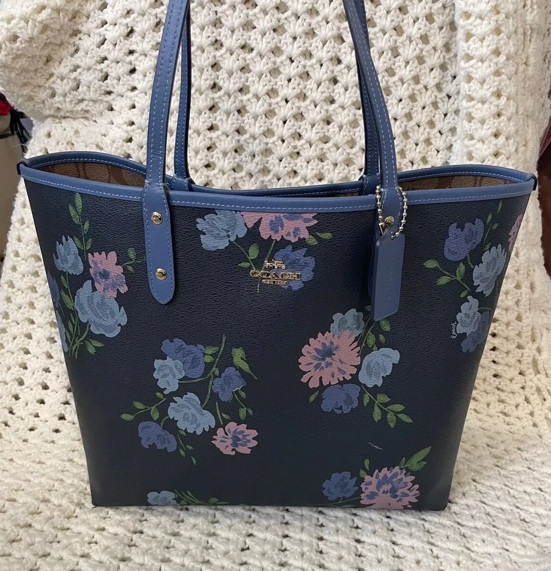 Coach Navy Blue Flower Beige Signature Reversible Large Tote Bag W Dust Bag