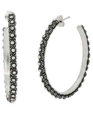 Hill Tribe Silver Detailed Beaded Floral Hoop Earrings Handmade In Laos