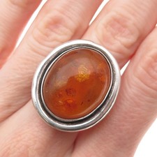 925 Sterling Silver Vintage EK Poland Real Amber Modernist Ring Size 6.75
