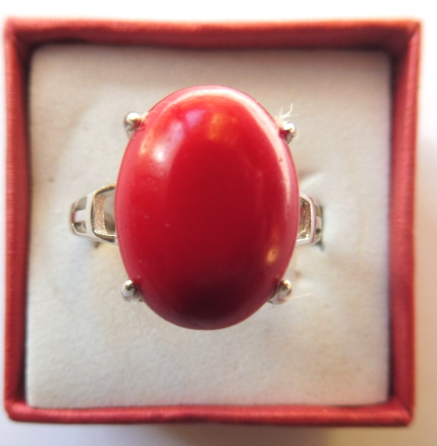 Bague corail naturel surélevée ajustable anti-allergie en argent massif