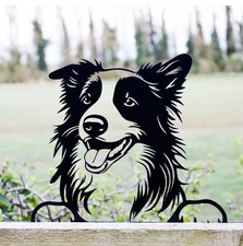 Peeking Border Collie Sheep Dog Fence Topper Black Metal Art Silhouette Garden 
