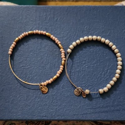 Alex and Ani Lot of 2 Gold Tone Wire Bangle Dangle Charm Bracelets Signed