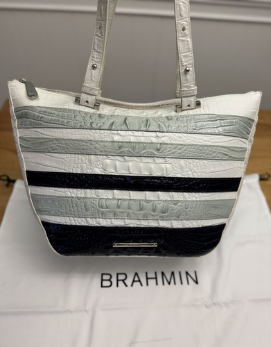 Brahmin Willa Vineyard Shoulder Bag Tote, Sea Glass Colors with White Stripes
