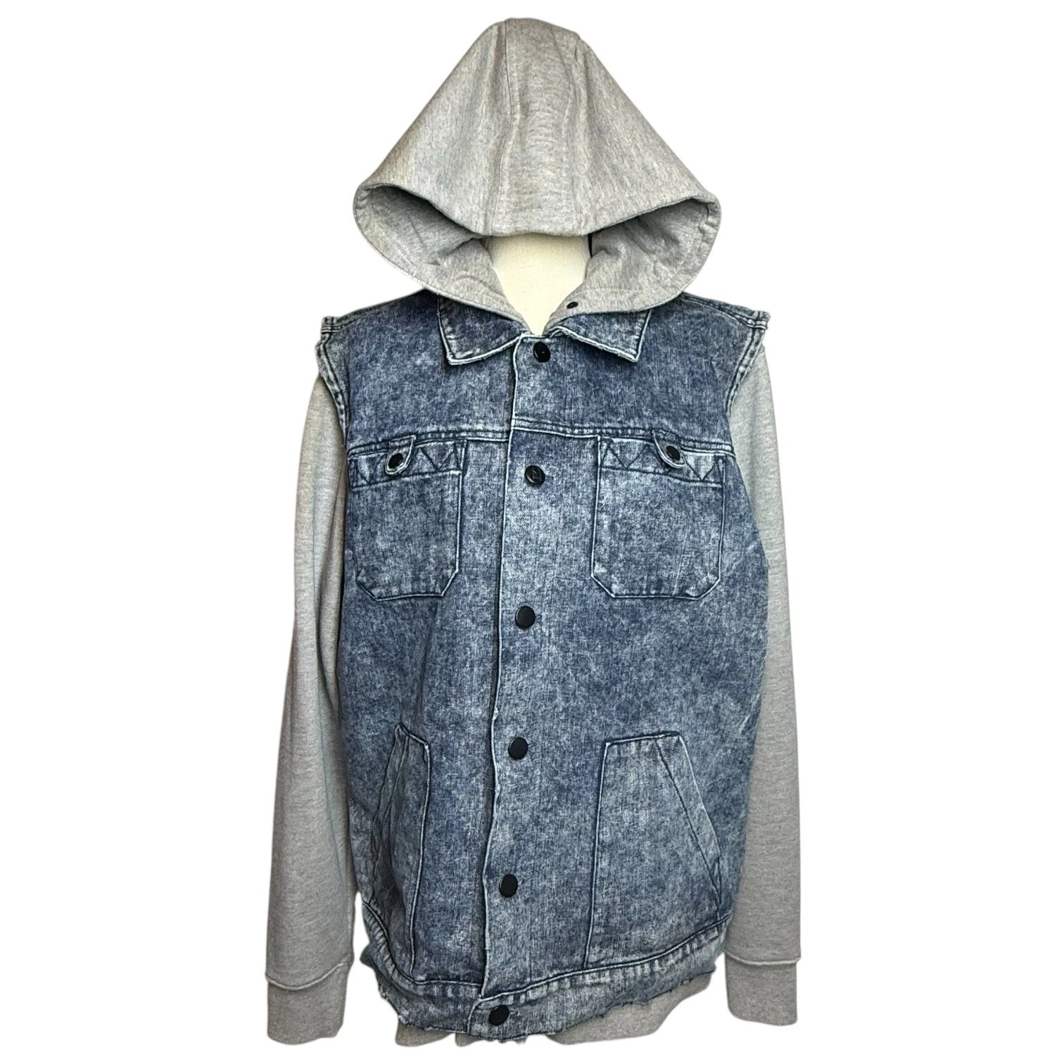 IMKING Hooded Denim Jacket Blue Gray Button Logo Zipper Men's Size M