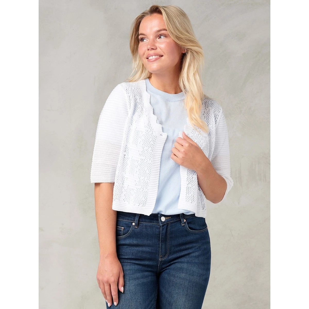 CUNYI Dames Cropped Cardigan 3/4 Mouwen Bolero voor Dames Lichtgewicht Trui met Ronde Hals en Knopen, Marineblauw XL