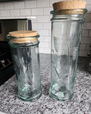 2-Pasta Jars Made In Spain  Glass w/ Subtle Green Tint Embossed Design Cork Lids
