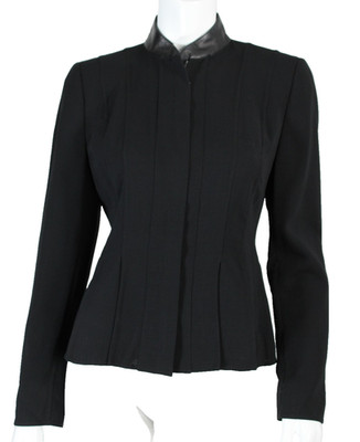 AKRIS Black Wool Woven Leather Collar Hidden Placket Zip-Front Jacket 8