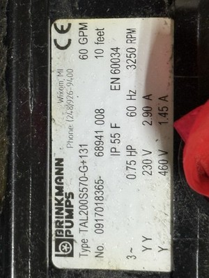 BRINKMANN PUMPS TYPE TAL200S570-G+131 3/4 HP 60 GPM 230V