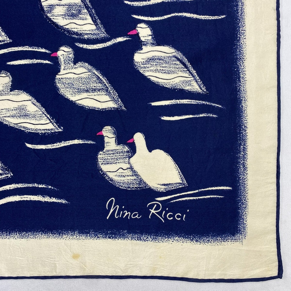 Vintage Nina Ricci Silk Scarf Navy Blue Cream Bird Pigeon Print
