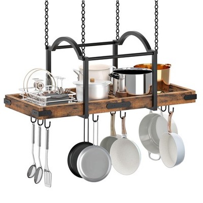 32-Inch Hanging Pot Rack with 10 S Hooks, Sturdy Metal Kitchen Organizer, Rustic