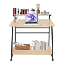 3 Tiers Home Office Desks Laptop Desk Rolling Desk Computer Desk W/ 4* Wheels