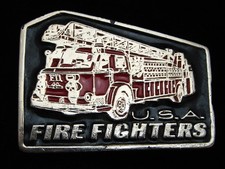 PG13128 VINTAGE 1970s U.S.A. FIREFIGHTERS COMMEMORATIVE PEWTER BELT BUCKLE