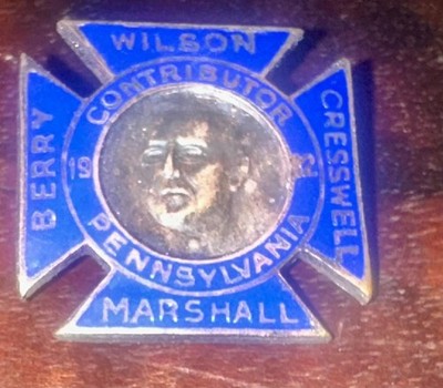 Rare 1912 Woodrow Wilson Marshall Pennsylvania Contributor Pin approx 3/4'' rare