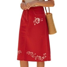 ANTHROPOLOGIE OILILY Red With Floral White Embroidered Cotton Skirt Size 38