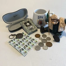 Grandpas Junk Drawer Misc Lot Collectibles Ray Ban Miller Lite Army Cards Coins