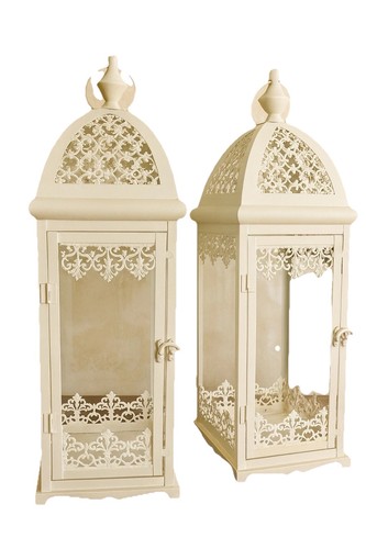 Set of 2 Victorian Filigree White Metal Candle Lanterns Cottage Decor