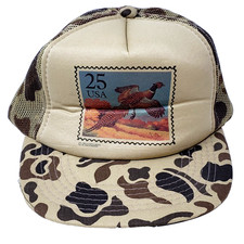 Vintage 1980s USPS Foam Truckers Cap Camo Mesh Snapback Pheasants Postage Stamp