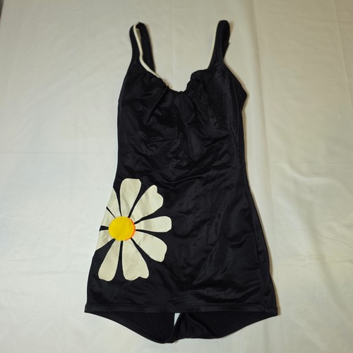 Vintage DeWeese Black Daisy Floral One Piece Swimsuit Size 12 Made in USA Retro
