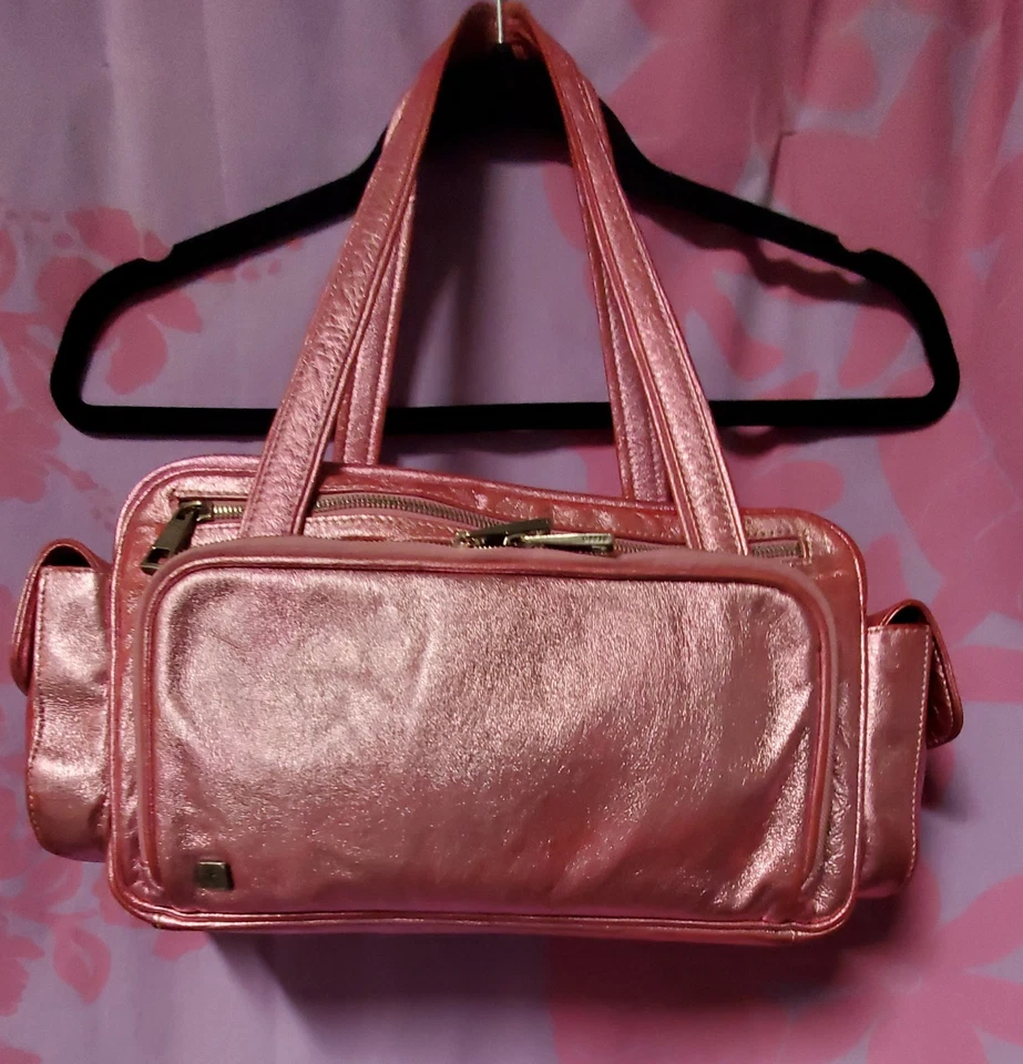 BESSO Rosa Metálico Suave Cuero Italiano Motocicleta Bolso Cartera AUTÉNTICO Y2K Foto 2 de 4
