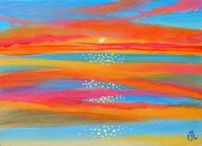 5x7"  Original Painting on Canvas. Abstract Seascape at Sunset. Ocean Art. COA