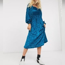 Asos Elegant Bohemian Womens  Blue Velvet Bruderie Shirred Midi Dress Size 6.