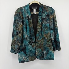 Alex Evenings Womens Large Teal Paisley Open Front Evening Jacket Satin Trim