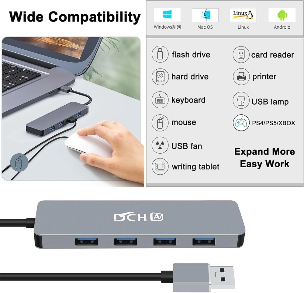 DCHAV USB Hub 4 Port, Multiport USB 3.0 Hub for Laptop PC, Multiple USB Split... DCHAV USB Hub 4 Port, Multiport USB 3.0 Hub for Laptop PC, Multiple USB Split...
