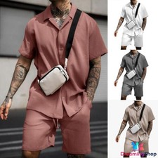 Mens Summer Outfit 2-Piece Set Short Sleeve Button Shirts and Shorts Sweatsuit