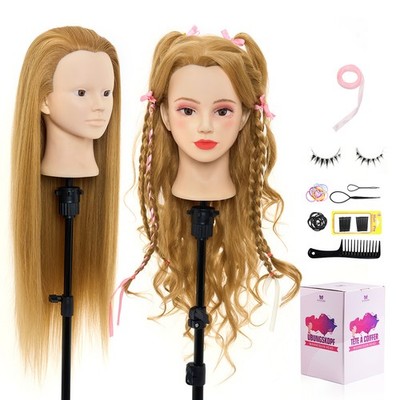 26'' Trainingsköpfe 60% Echthaar Haar Make-up Übungskopf + Halter + Frisuren Set