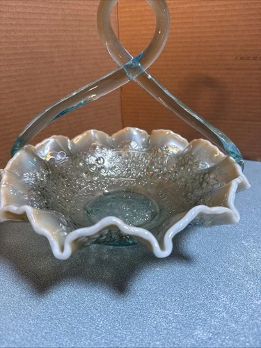 Large Rare Fenton Willow Multi  Iridescent Thorn Handle Basket 9 1/2”. Cherries