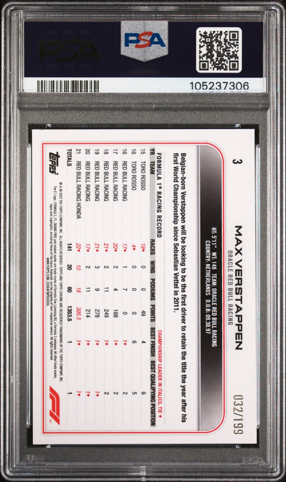 2022 TOPPS CHROME FORMULA 1 #3 MAX VERSTAPPEN 32/199 PSA 8 view 2