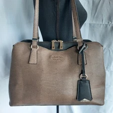 Guess Lyndi Shoulder Handbag Croc Embossed Animal Print Brown Black Bag Charm 