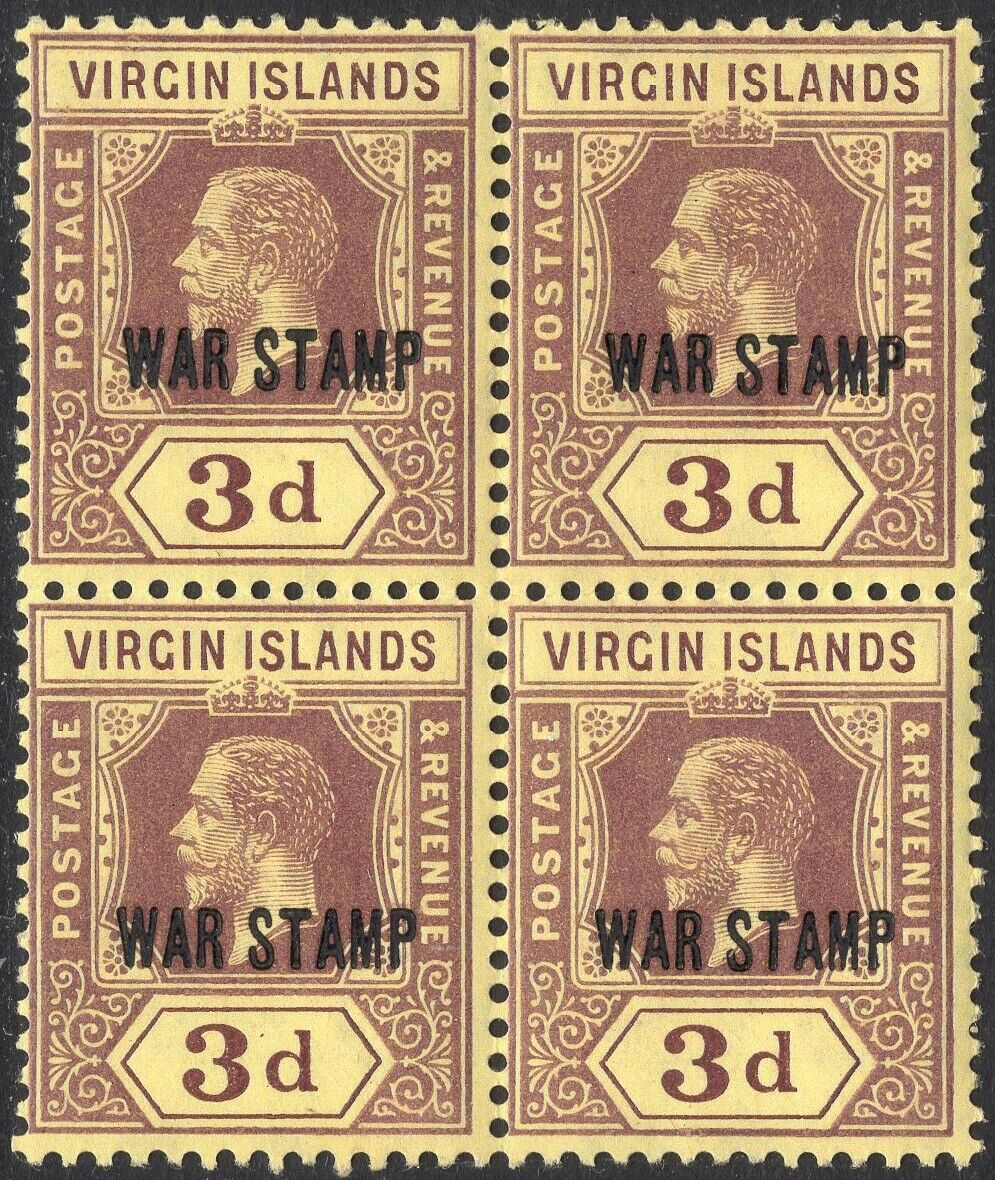 BRITISH VIRGIN ISLANDS-1916-19 3d Al sold out. Our shop OFFers the best service Purple Stamp 4 War Lemon Block