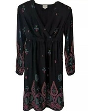 EAST Black Peacock Pattern Fit Flare Dress Tie Belt Knee Length Boho Tea Sz UK 8