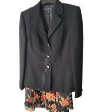 Evan-Picone Suit Womens Size 12 Vintage Black Jacket 3 Button Floral Skirt