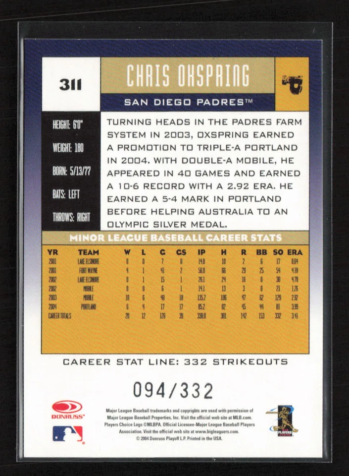 2005 Donruss #311 Chris Oxspring Stat Line Career #/332 San Diego Padres (JT) - Image 2 of 2