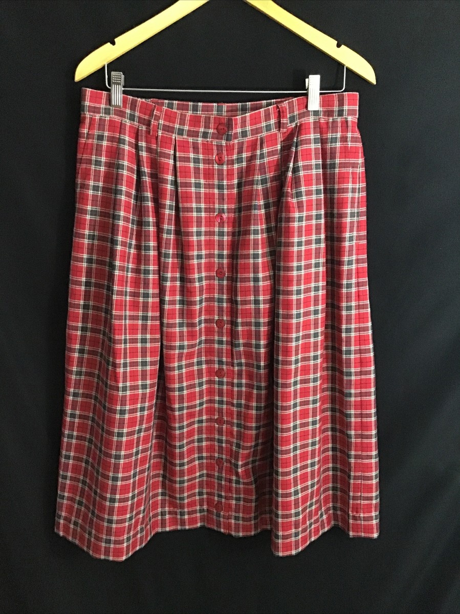 Susan Bristol Plaid Christmas Midi Button Up Skirt Size 16 Red And