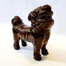 Vintage Chinese Asian Brown Glazed Ceramic Foo Dog Incense Holder Figurine 6"