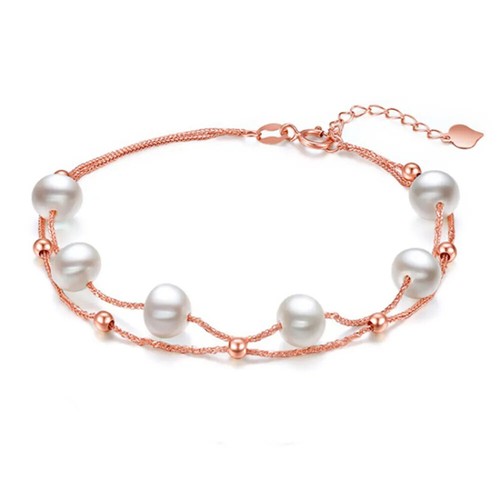 18K Gold Natural Freshwater Pearl Double layer Bracelet Bead Heart Charm - Picture 11 of 11