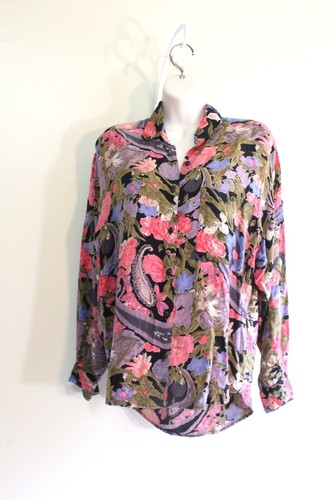 Punch App Womens S Shirt Floral Paisley Rayon Button Up Long Sleeve Vintage 80s - Picture 4 of 8