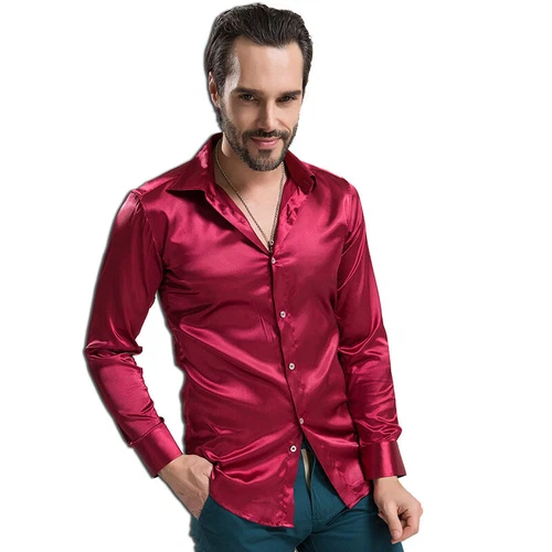 Modisches glänzendes seidiges Satin Hemd Luxus Seide wie Herren Freizeithemden - Bild 5 von 33